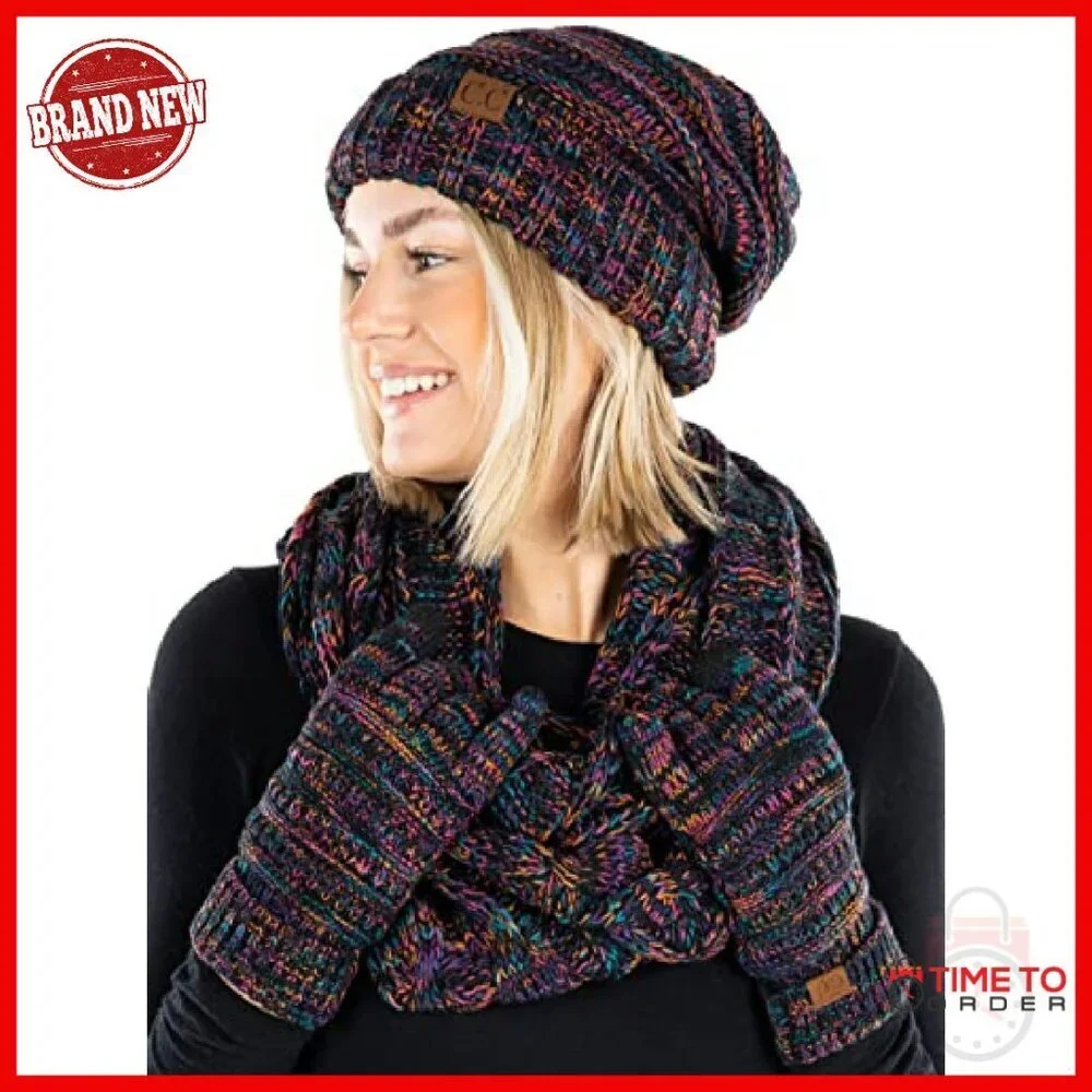Oversized Slouchy Beanie Infinity Scarf Gloves Winter Set Acrylic